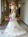 White Mermaid Tulle Puff Sleeve Wedding Dress