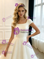 White Tulle Square Neck Cap Sleeve Wedding Dress