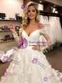 White Tulle Long Sleeve Pleats Flower Wedding Dress