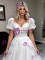 White Sequins Puff Sleeve Wedding Dress