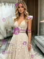 A-Line Champagne Tulle Lace Wedding Dress