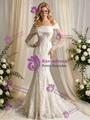 Beige White Mermaid Long Sleeve Wedding Dress