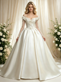 Fashion Ivory Satin Long Sleeve Flower Wedding Dress