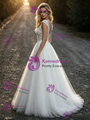 A-Line White Tulle Lace V-Neck Wedding Dress