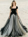 Black Tulle Square Neck Cap Sleeve Wedding Dress