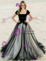 Black Tulle Square Neck Cap Sleeve Wedding Dress