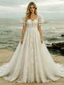 White Tulle Lace Puff Sleeve Wedding Dress