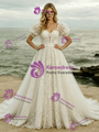 White Tulle Lace Puff Sleeve Wedding Dress