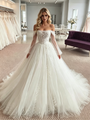 White Tulle Off the Shoulder Long Sleeve Appliques Wedding Dress