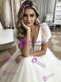 White Tulle V-Neck Puff Sleeve Wedding Dress