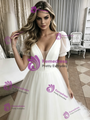 White Tulle V-Neck Puff Sleeve Wedding Dress