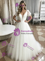 White Tulle V-Neck Puff Sleeve Wedding Dress
