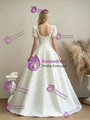 White Satin Puff Sleeve Flower Wedding Dress