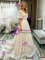Champagne V-Neck Lace Puff Sleeve Wedding Dress