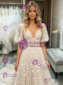 Champagne V-Neck Lace Puff Sleeve Wedding Dress
