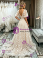 Champagne V-Neck Lace Puff Sleeve Wedding Dress