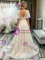 Champagne V-Neck Lace Puff Sleeve Wedding Dress