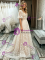 Champagne V-Neck Lace Puff Sleeve Wedding Dress