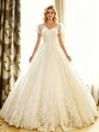 White Tulle Lace V-Neck Cap Sleeve Wedding Dress