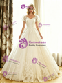 White Tulle Lace V-Neck Cap Sleeve Wedding Dress