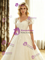 White Tulle Lace V-Neck Cap Sleeve Wedding Dress