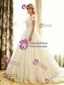 White Tulle Lace V-Neck Cap Sleeve Wedding Dress
