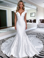 White Mermaid Satin V-Neck Appliques Wedding Dress