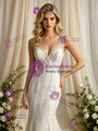Sexy Beige White Mermaid Tulle Lace V-Neck Wedding Dress