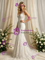 Sexy Beige White Mermaid Tulle Lace V-Neck Wedding Dress