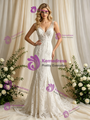 Sexy Beige White Mermaid Tulle Lace V-Neck Wedding Dress