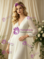 Ivory White Long Sleeve V-Neck Pleats Wedding Dress