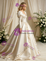 Vintage Ivory Satin Long Sleeve Beading Wedding Dress