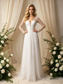 Long Sleeve V-Neck Backless Pleats Beading Wedding Dress