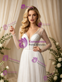 Long Sleeve V-Neck Backless Pleats Beading Wedding Dress