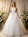 Beige White Tulle Pleats Beading Wedding Dress