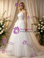 Beige White Tulle Pleats Beading Wedding Dress