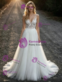 A-Line White Tulle Lace V-Neck Wedding Dress