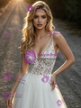 A-Line White Tulle Lace V-Neck Wedding Dress
