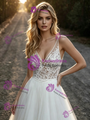 A-Line White Tulle Lace V-Neck Wedding Dress