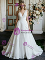 White Satin V-Neck Pleats Wedding Dress
