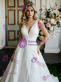 White Satin V-Neck Pleats Wedding Dress