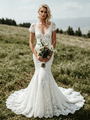 White Lace V-Neck Cap Sleeve Wedding Dress