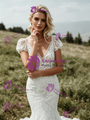 White Lace V-Neck Cap Sleeve Wedding Dress