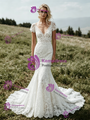 White Lace V-Neck Cap Sleeve Wedding Dress
