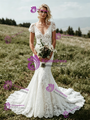 White Lace V-Neck Cap Sleeve Wedding Dress