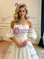 White Strapless Pleats Puff Sleeve Wedding Dress