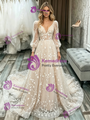 Champagne Lace Long Sleeve V-Neck Wedding Dress