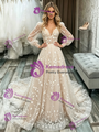 Champagne Lace Long Sleeve V-Neck Wedding Dress