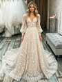 Champagne Lace Long Sleeve V-Neck Wedding Dress