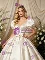 Ivory Satin Puff Sleeve Bow Beading Wedding Dress